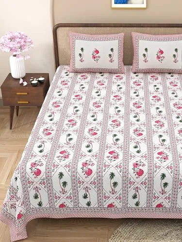 WestNic® 400 TC Super King Size 3 Piece Flat Bedsheet Set for Double Bed with 2 Standard Pillow Covers with Zipper, Jaipuri Prints Cotton | Size: 108 X 108 Inches (Rose Red)