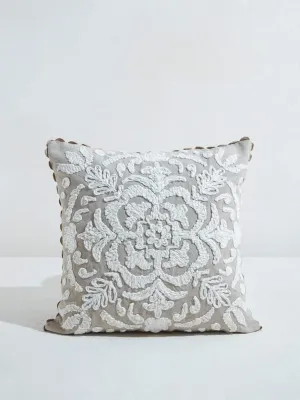 Westside Home Beige Damask Embroidered Cushion Cover