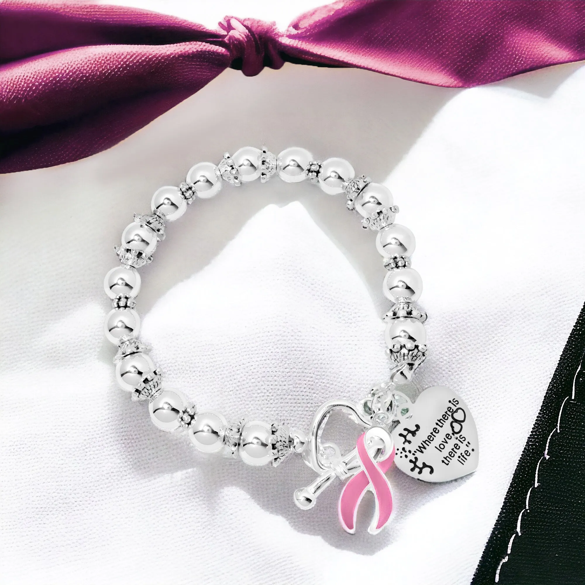 Where There Is Love Heart Charm Pink Ribbon Bracelets