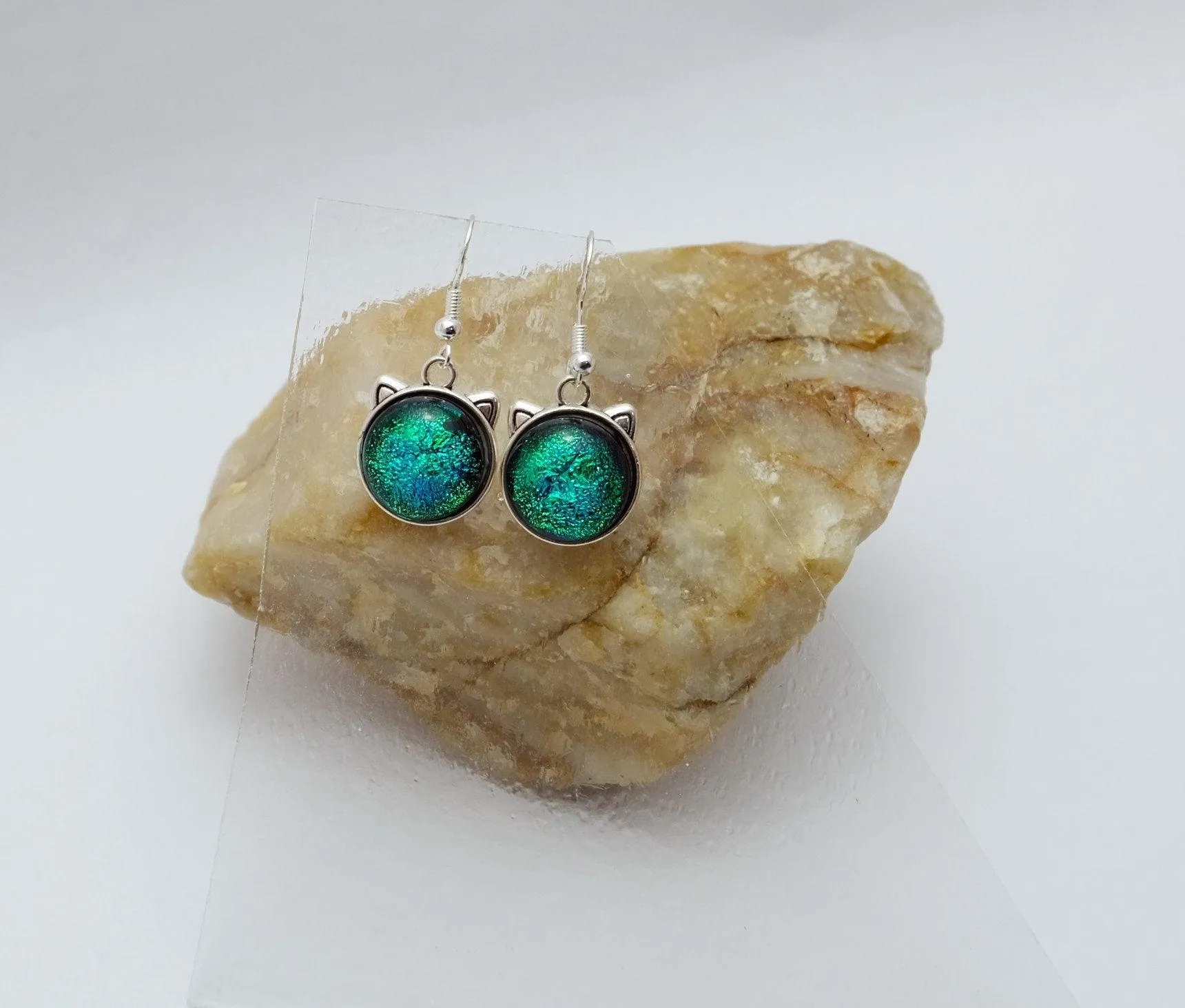 Whimsical Cat Head Shaped pierced Earrings - silver Tone with Green Blue Dichroic Glass