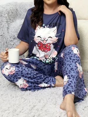 Whimsical Comfort Women's Plus Kawaii Cat & Leopard Print Pajama Set