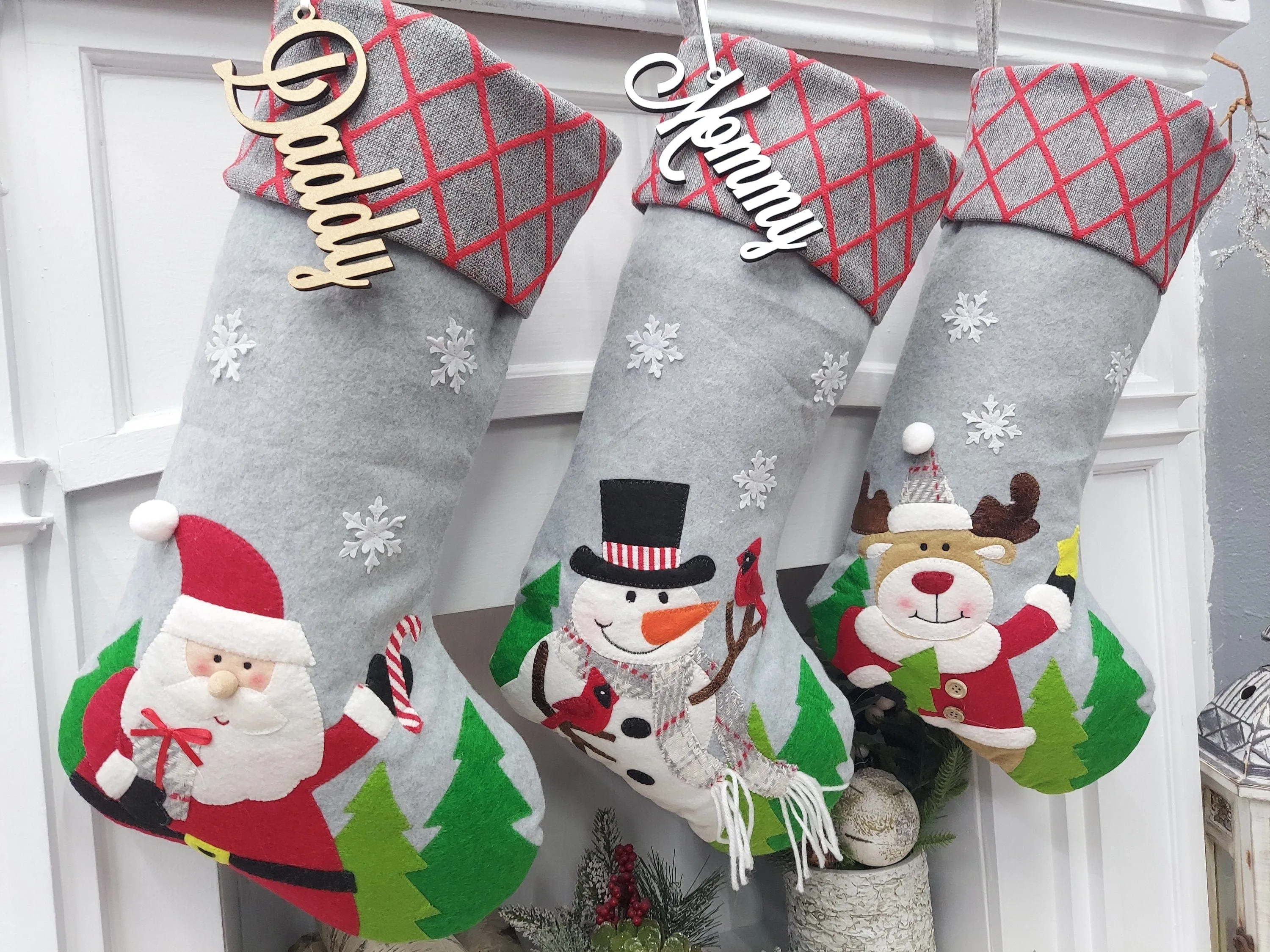 Whimsical Santa Snowman Reindeer Grey Christmas Stockings | Festive Winter Kids Personalized Christmas Stockings Embroidered Name Wood Tag