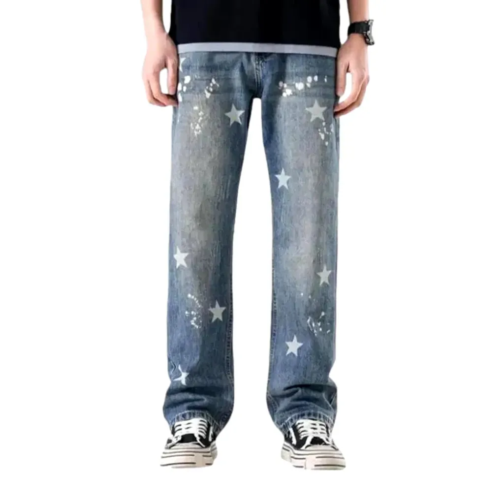 Whiskered boho style loose fit men's jeans