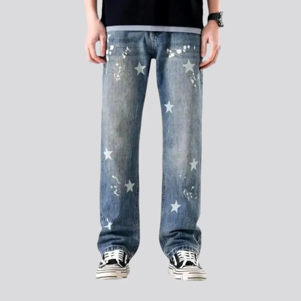 Whiskered boho style loose fit men's jeans