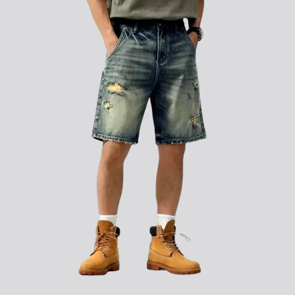 Whiskered distressed jeans shorts for men