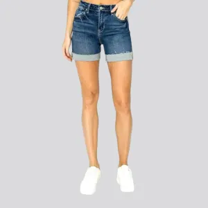 Whiskered medium-wash denim shorts