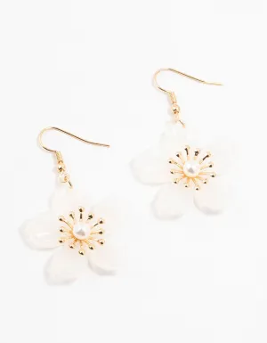 White Acrylic Spikey Flower Pearl Drop Earrings