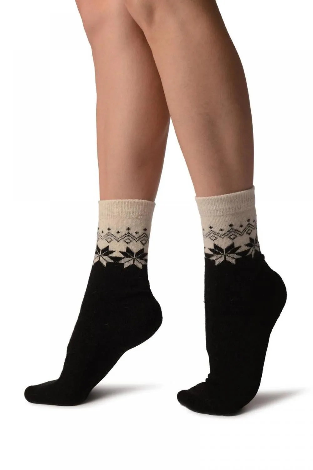 White & Black Duo With Snowflakes Angora Ankle High Socks