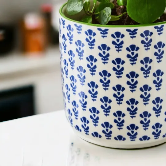 White & Blue Flower Print Plant Pot