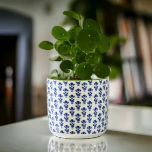 White & Blue Flower Print Plant Pot