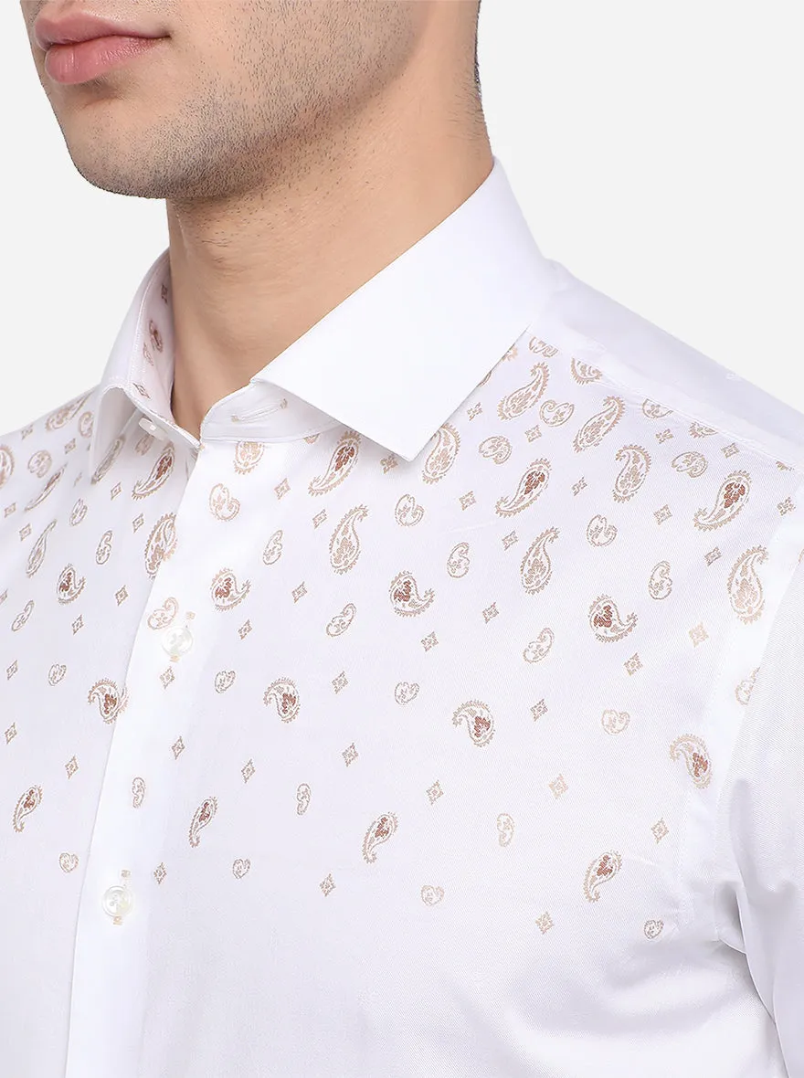 White & Brown Printed Slim Fit Party Wear Shirt | JB Studio