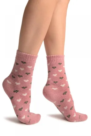 White & Grey Hearts On Pink Angora Ankle High Socks