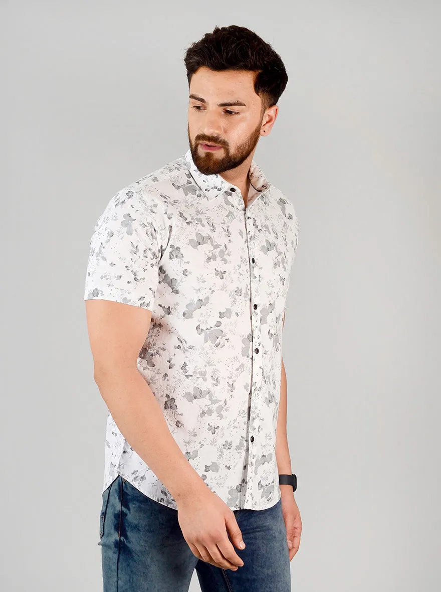 White & Grey Printed Slim Fit Casual Shirt | Greenfibre