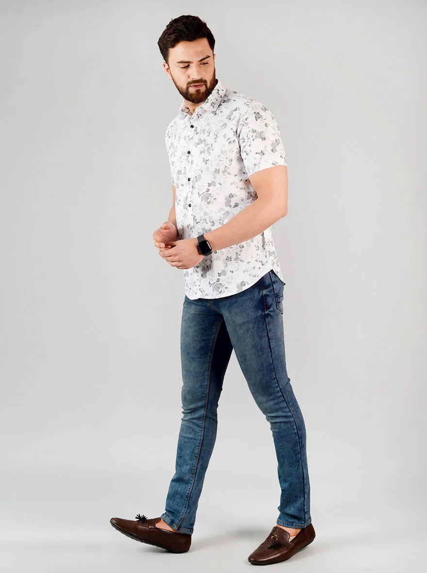 White & Grey Printed Slim Fit Casual Shirt | Greenfibre