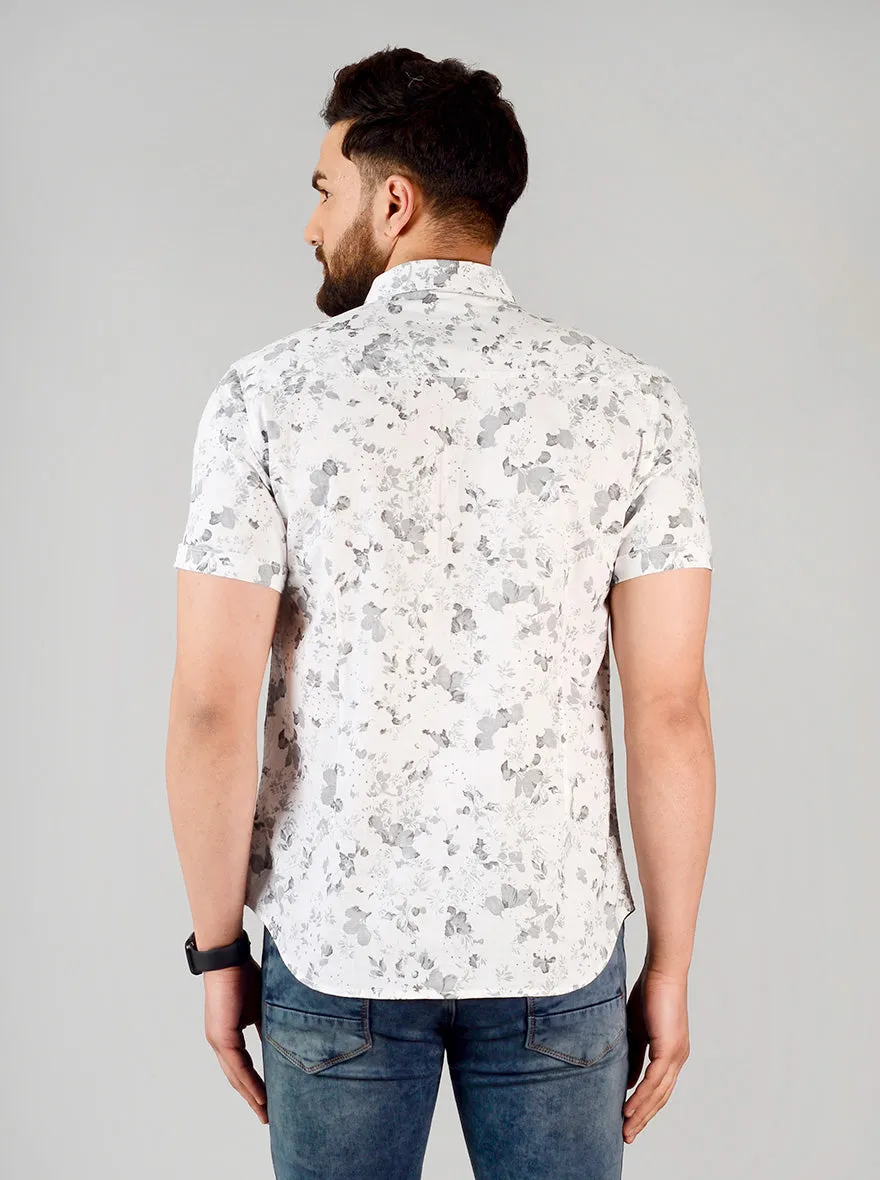 White & Grey Printed Slim Fit Casual Shirt | Greenfibre