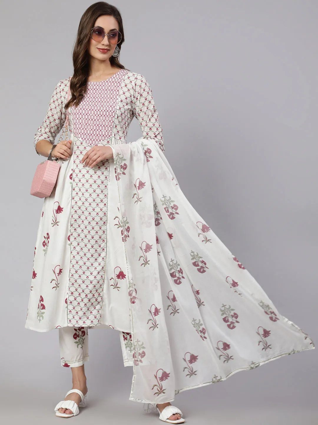 White & Magenta Pink Ethnic Printed Flared Kurta With Pants & Dupatta