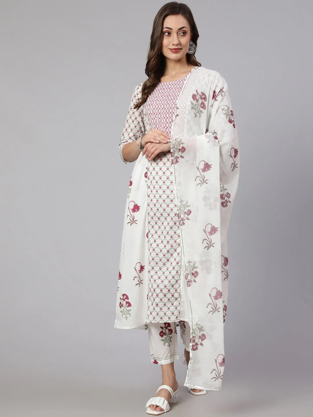 White & Magenta Pink Ethnic Printed Flared Kurta With Pants & Dupatta