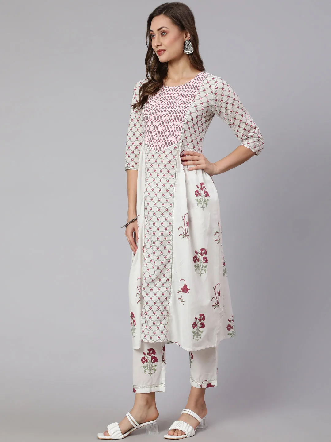 White & Magenta Pink Ethnic Printed Flared Kurta With Pants & Dupatta