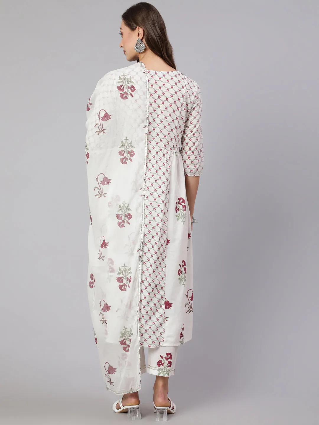 White & Magenta Pink Ethnic Printed Flared Kurta With Pants & Dupatta