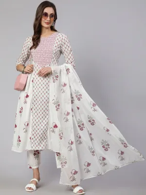 White & Magenta Pink Ethnic Printed Flared Kurta With Pants & Dupatta