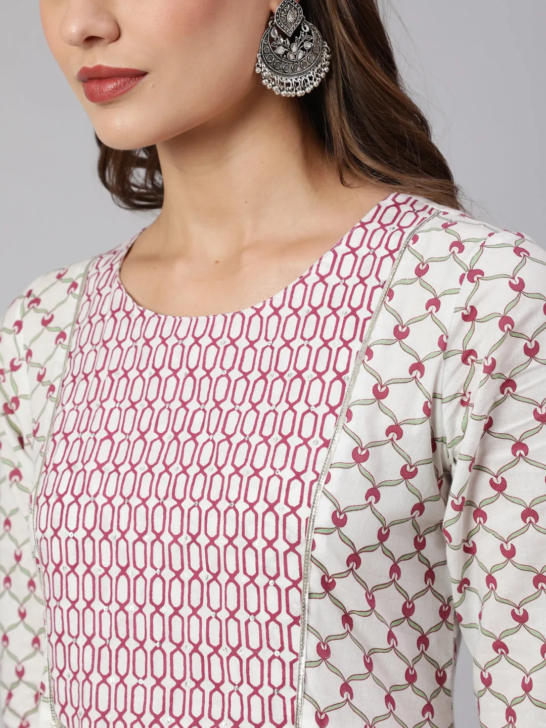 White & Magenta Pink Ethnic Printed Flared Kurta With Pants & Dupatta