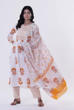 White & Multicolor Cotton Block Printed Dupatta