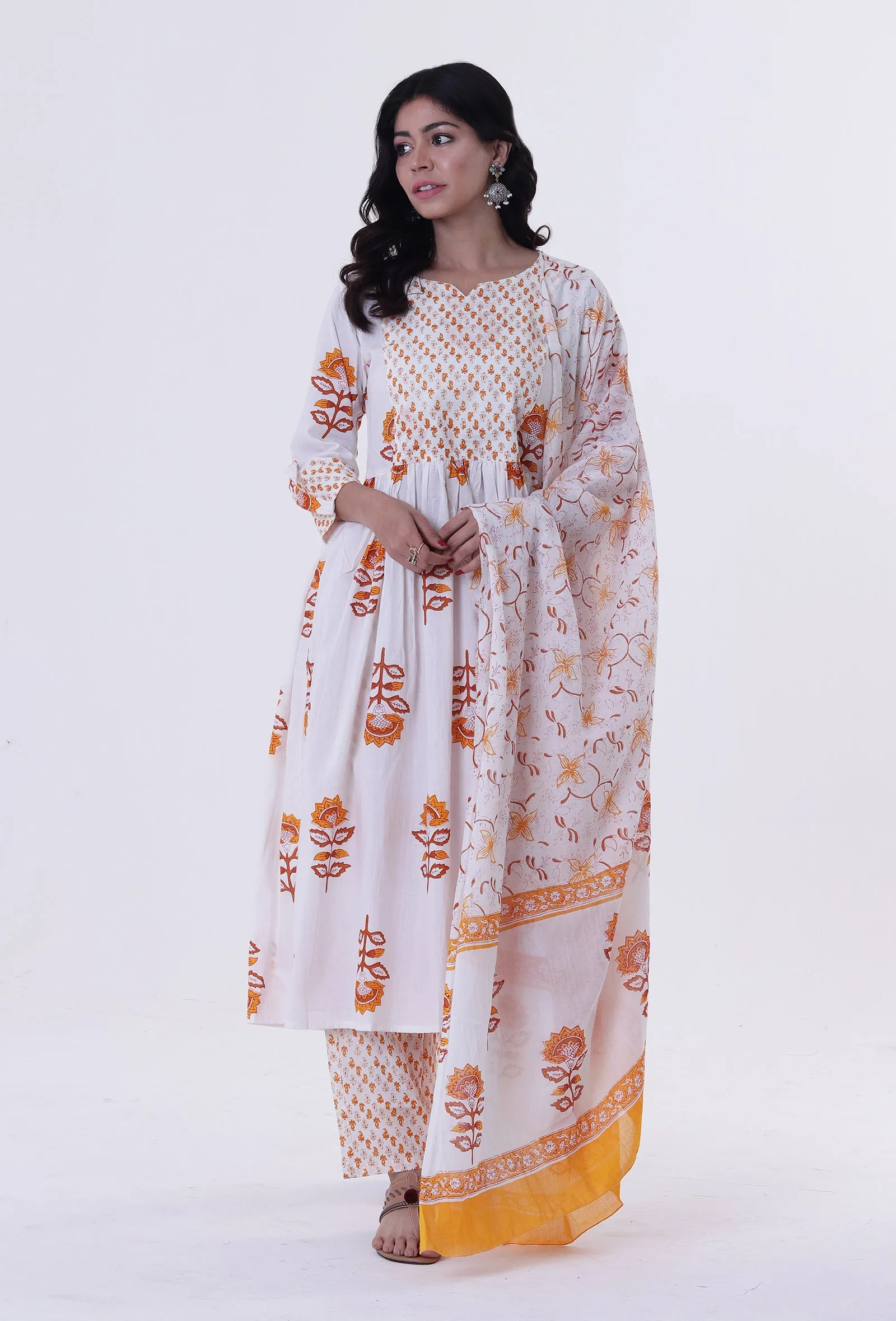 White & Multicolor Cotton Block Printed Dupatta