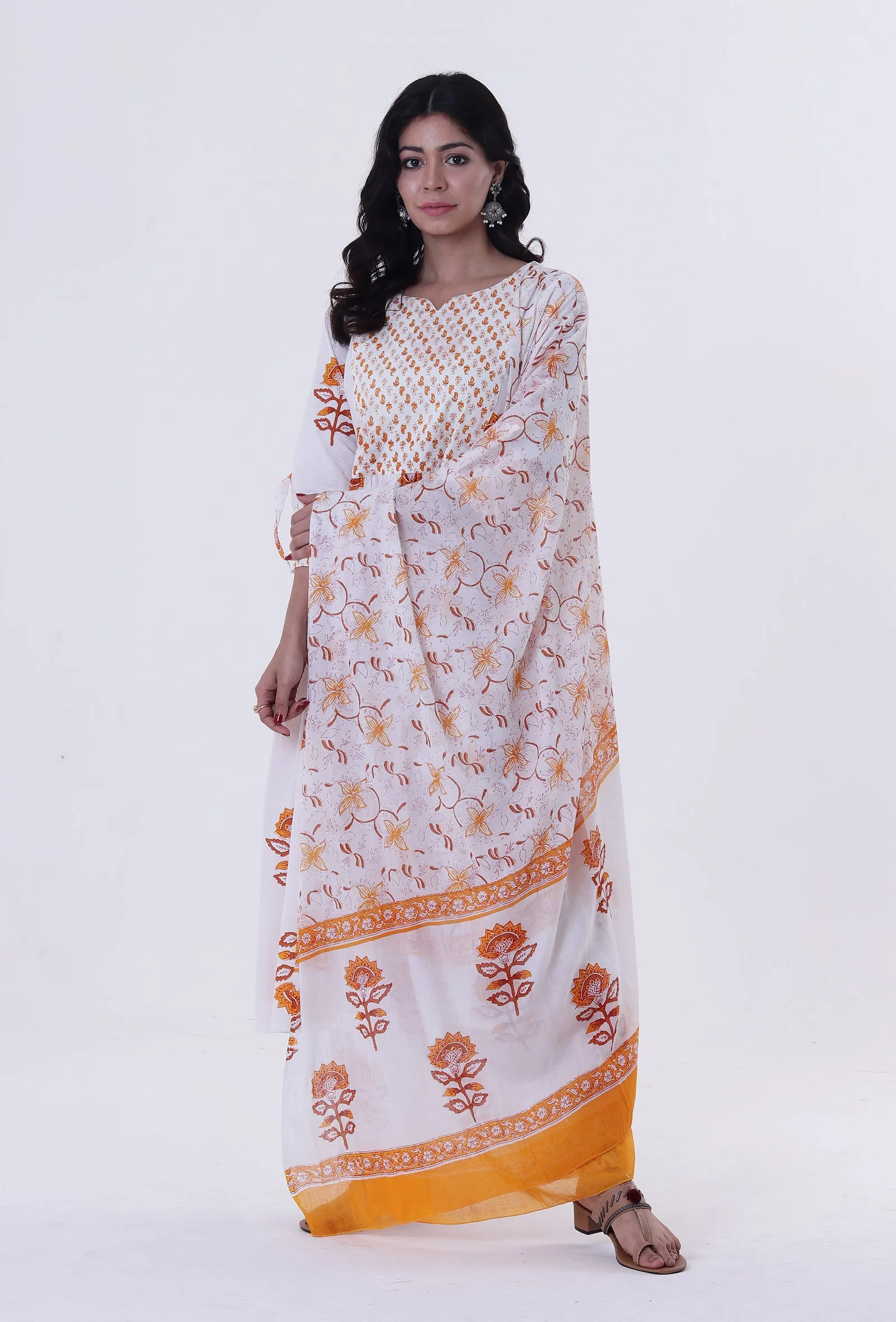 White & Multicolor Cotton Block Printed Dupatta