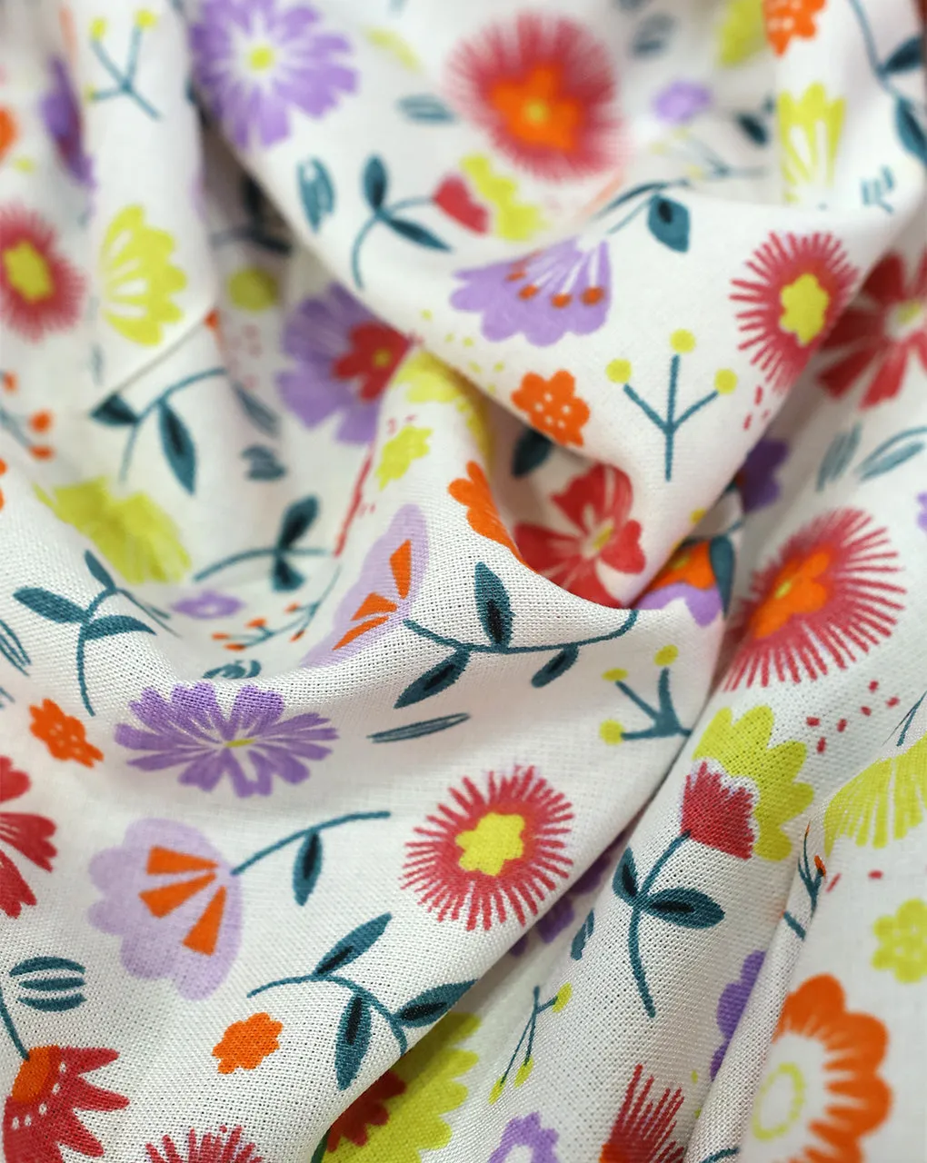 WHITE & MULTICOLOR FLORAL DESIGN PRINTED RAYON FABRIC