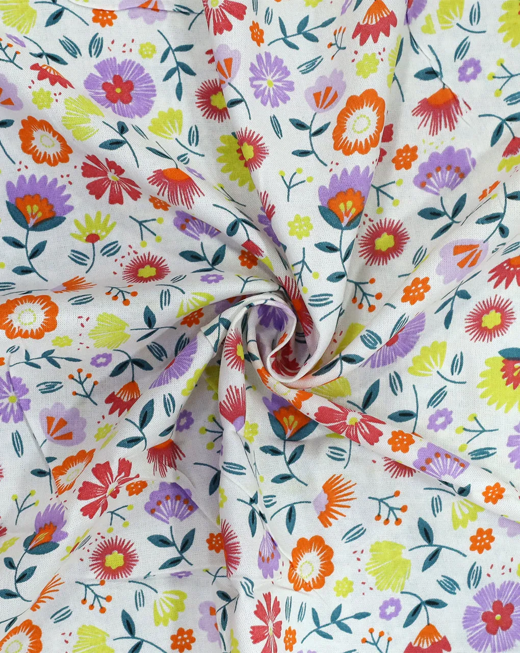 WHITE & MULTICOLOR FLORAL DESIGN PRINTED RAYON FABRIC