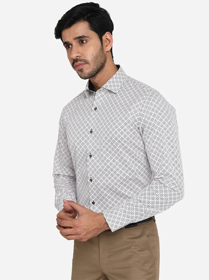 White & Navy Blue Printed Slim Fit Party Wear Shirt | JB Studio