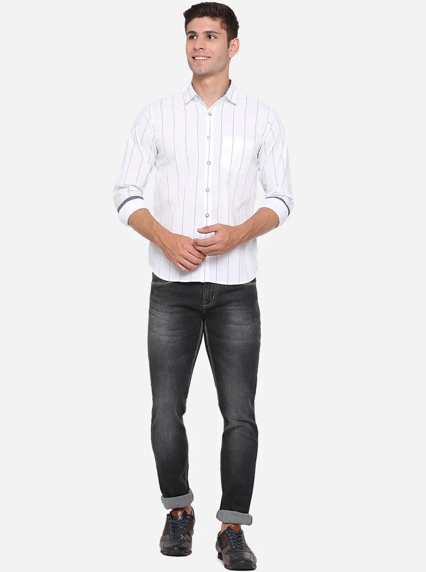 White & Navy Blue Striped Slim Fit Semi Casual Shirt | Greenfibre