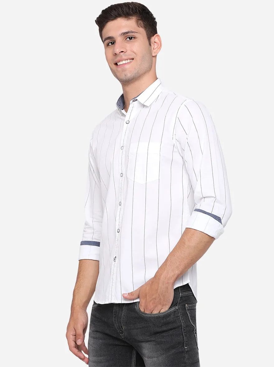 White & Navy Blue Striped Slim Fit Semi Casual Shirt | Greenfibre