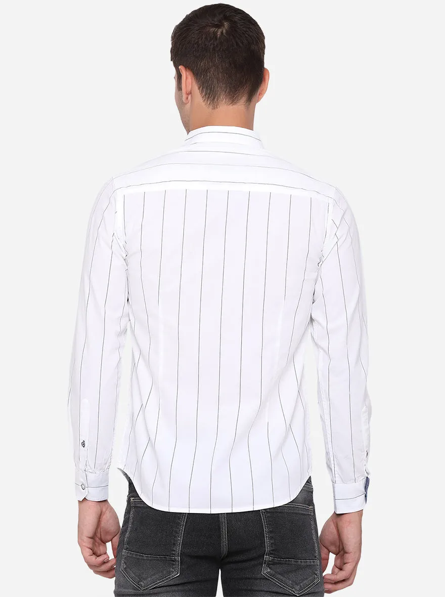 White & Navy Blue Striped Slim Fit Semi Casual Shirt | Greenfibre