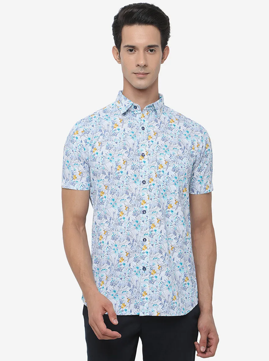 White & Purple Printed Slim Fit Semi Casual Shirt | JadeBlue