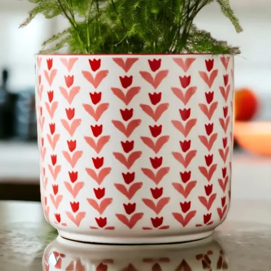 White & Red Tulip Print Plant Pot