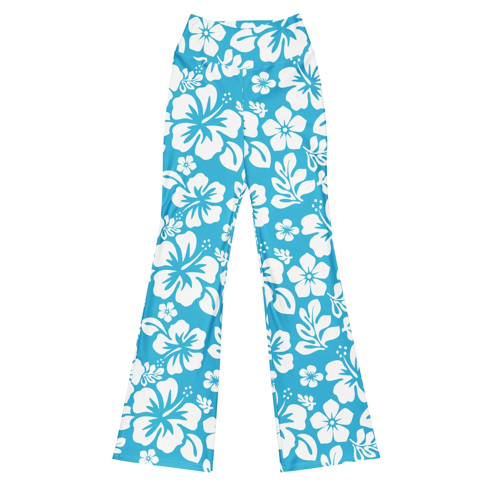 White and Aqua Blue Hawaiian Flowers Flare Leggings