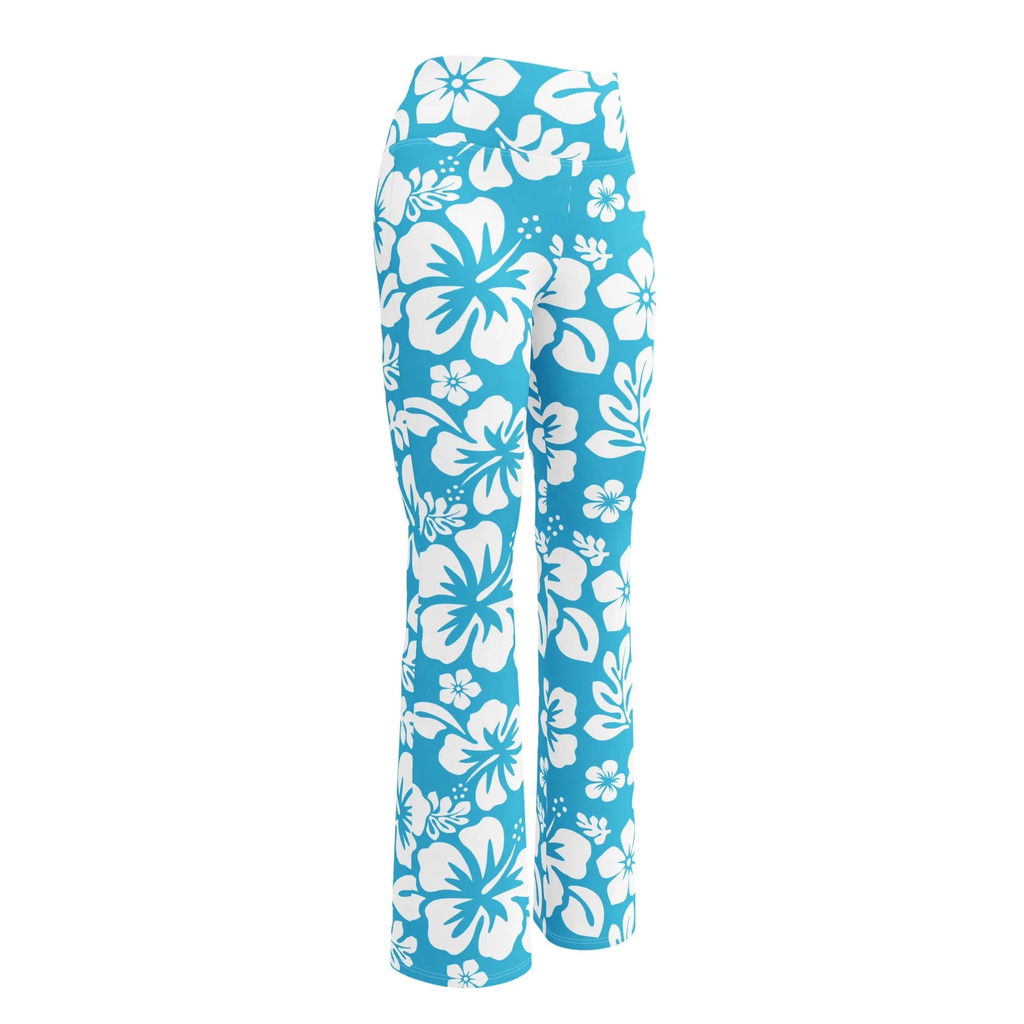 White and Aqua Blue Hawaiian Flowers Flare Leggings