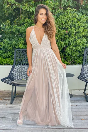 White And Beige Maxi Dress With Gold Glitter Mesh