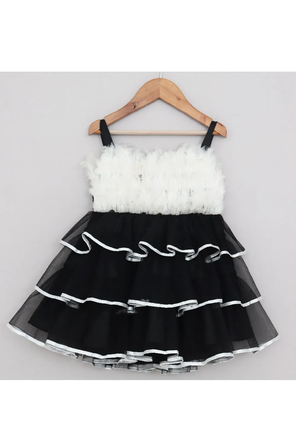 White And Black Feather Detailing Net Frill Dress