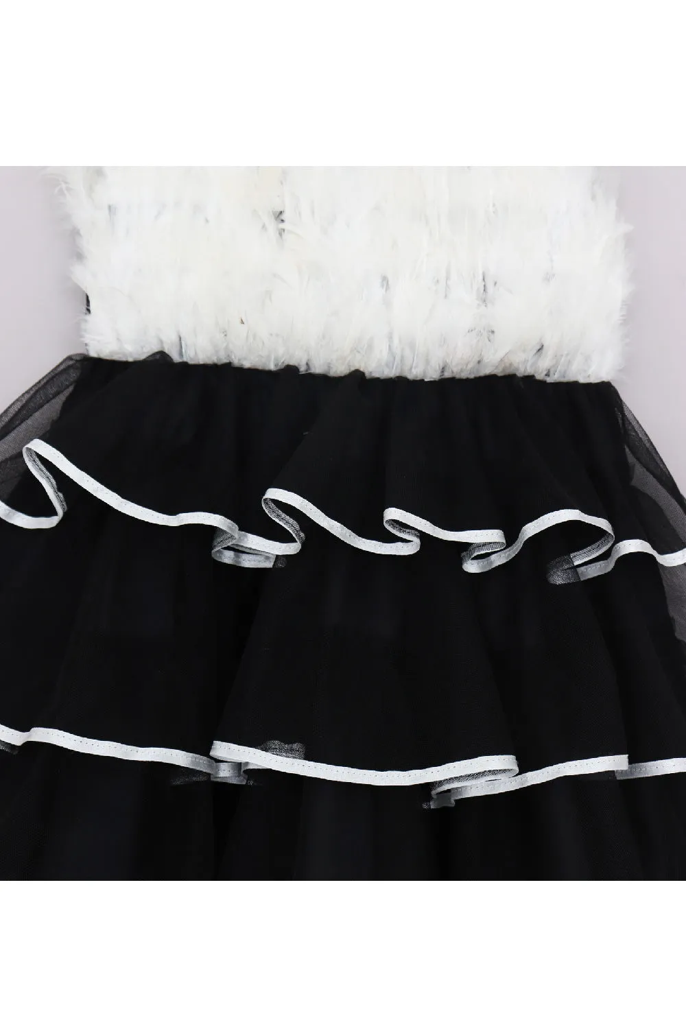 White And Black Feather Detailing Net Frill Dress