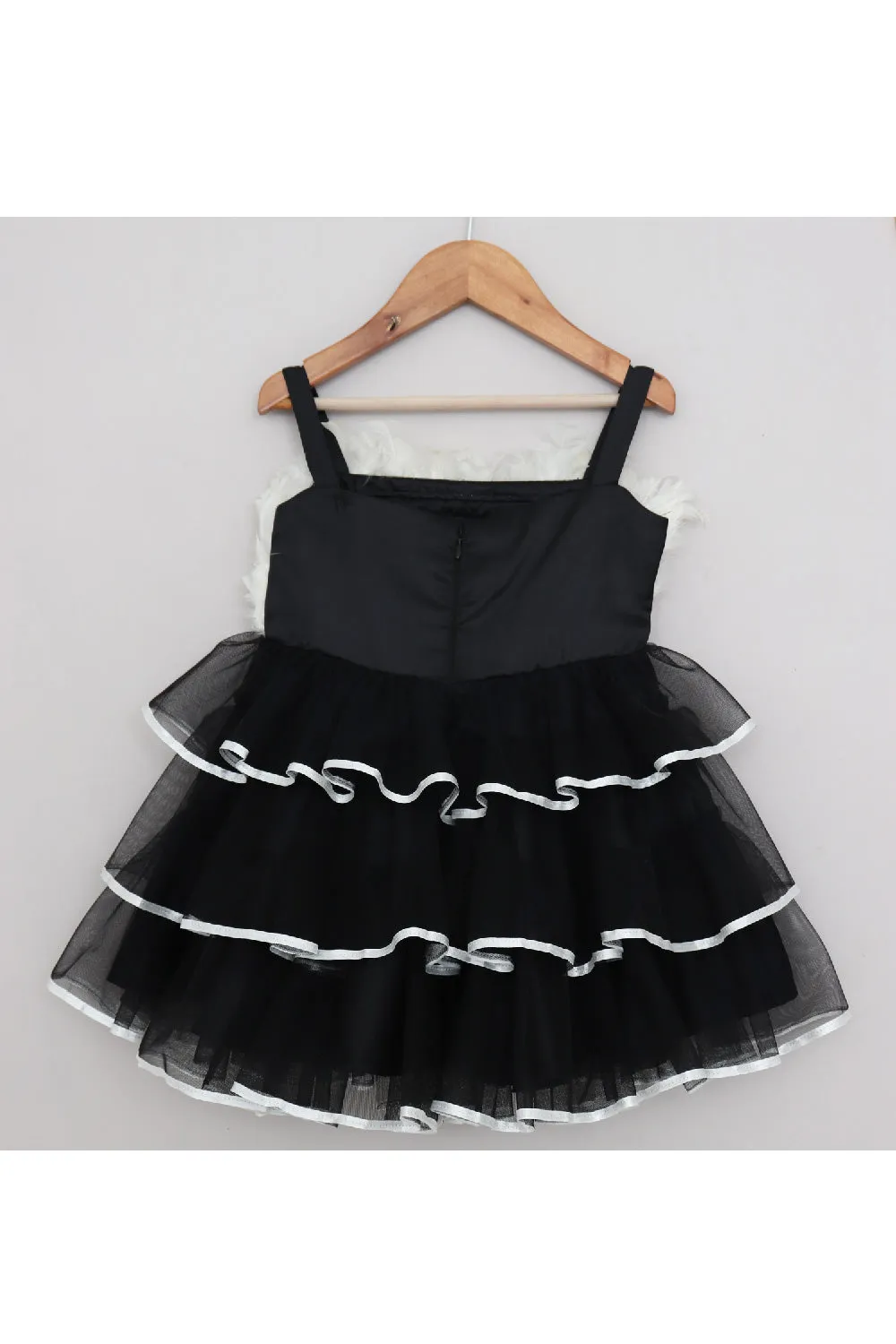 White And Black Feather Detailing Net Frill Dress