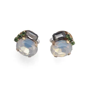 White and Black Rhinestone Invisible Clip On Stud Earrings ( Green )