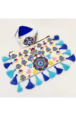 White And Blue Beads Embroidered Sling Bag With Hairband