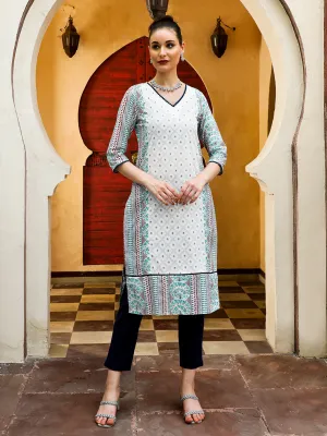 White And Blue Ethnic Printed Straight Kurta