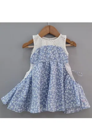 White And Blue Floral Printed Cotton Frock