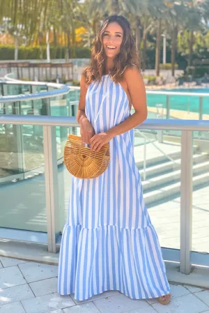 White And Blue Striped Maxi Dress With Open Back