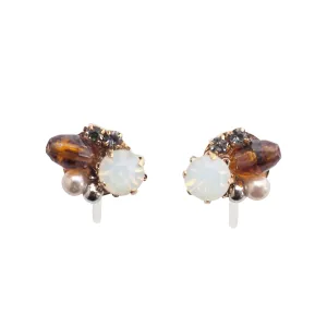 White and Brown Rhinestone Crystal Invisible Clip On Stud Earrings