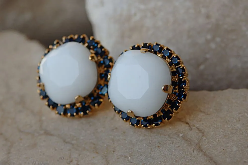 White and Deep Blue Stud Earrings