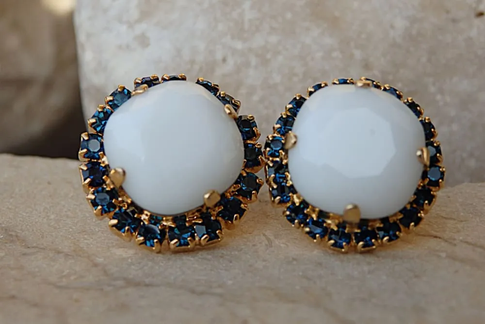 White and Deep Blue Stud Earrings